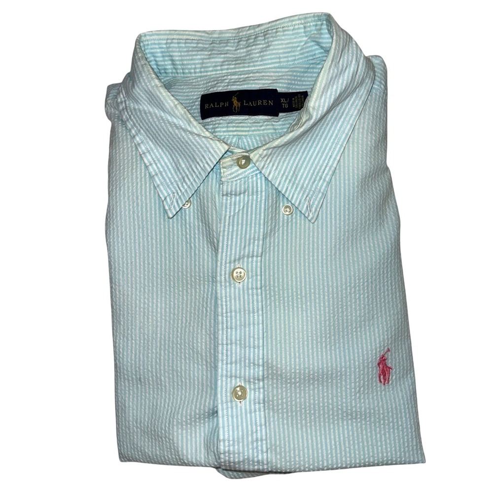Ralph Lauren Mens XL Seersucker Shirt Short Sleeve Blue White Stripe Pink Pony!!